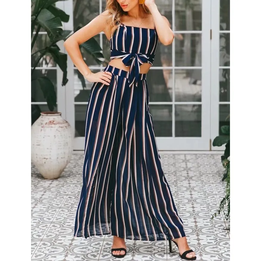 Женский укороченный топ в полоску с широкими штанинами комплект из 2 предметов