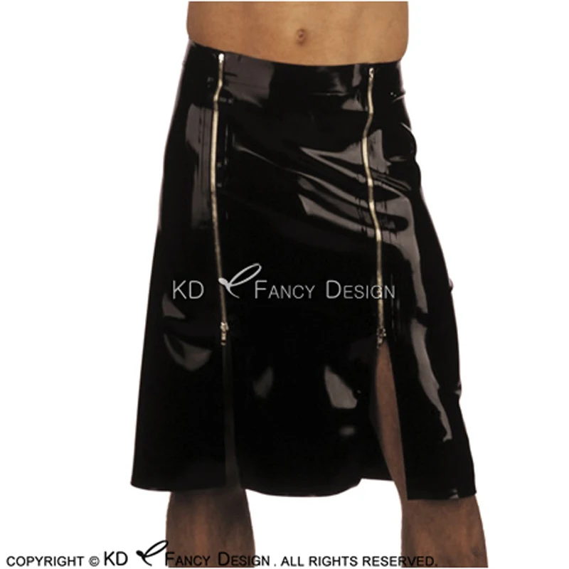 Черное сексуальное латексное килт с Двойная застёжка молния спереди и разрезом