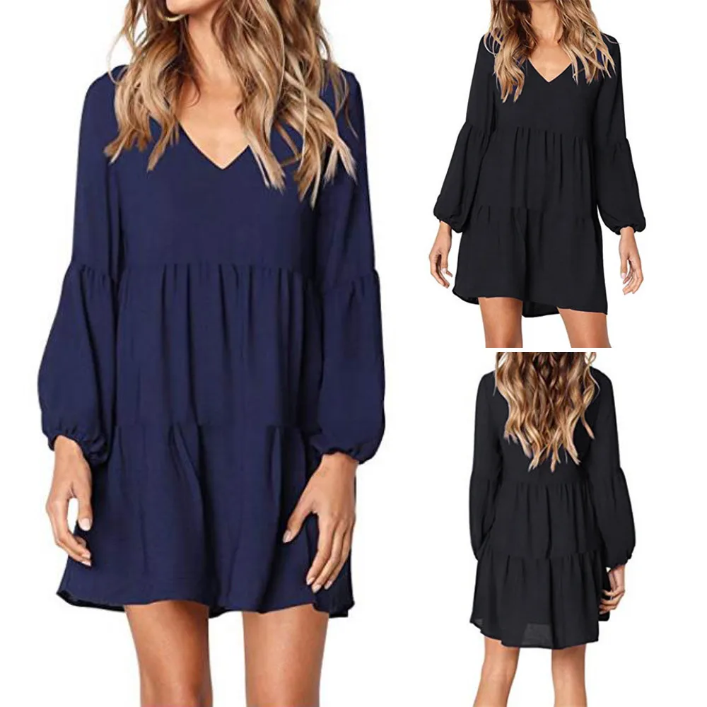 Casual sexy dress Spring Summer 2019 New fashion Women Solid Lantern Long Sleeve party V-Neck Draped Knee-Length Dress | Женская одежда