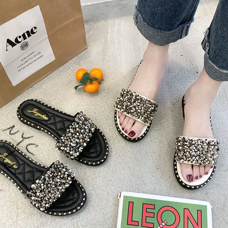 

Women's Non-Slip Slippers Summer Wear 2021 New Flat Bottom Rhinestone One-Word Sandals All-Matching Seaside Beach Shoes