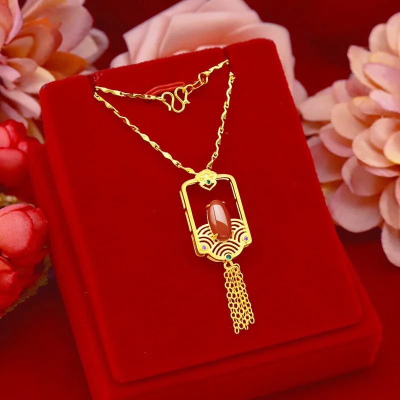 

FASHION 14K GOLD NECKLACE FOR WOMEN WEDDING ENGAGEMENT JEWELRY JADE GEMSTONE LONG TASSEL PENDANT NECKLACE WITH RED AGATE STONE