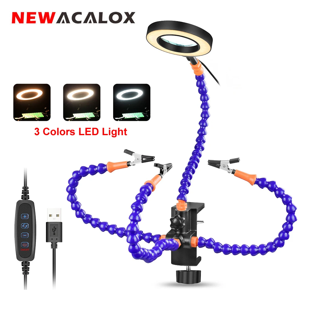 NEWACALOX Настольный зажим пайки Руки помощи инструмент USB 3X светодиодный лупа для поделок ювелирные изделия