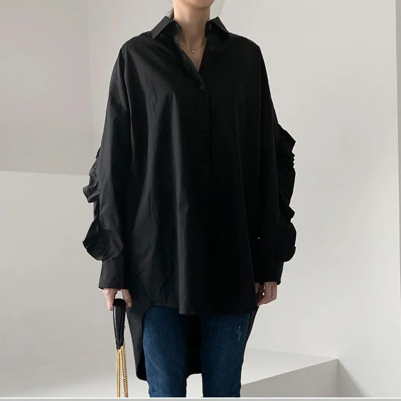 

Long Sleeve Ruffles Black Shirt Women 2022 Spring Summer Fashion New Irregular Loose Large Size Shirts Tops E002