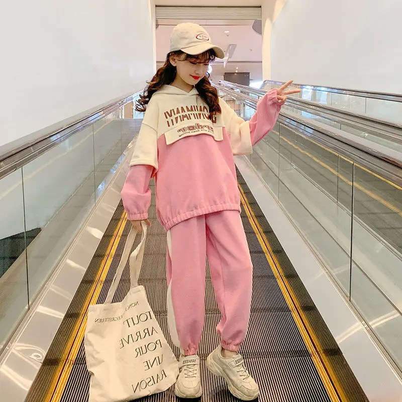 

Весенне-осенний комплект одежды для девочек-подростков, повседневный свитшот с капюшоном и штаны, детский спортивный костюм