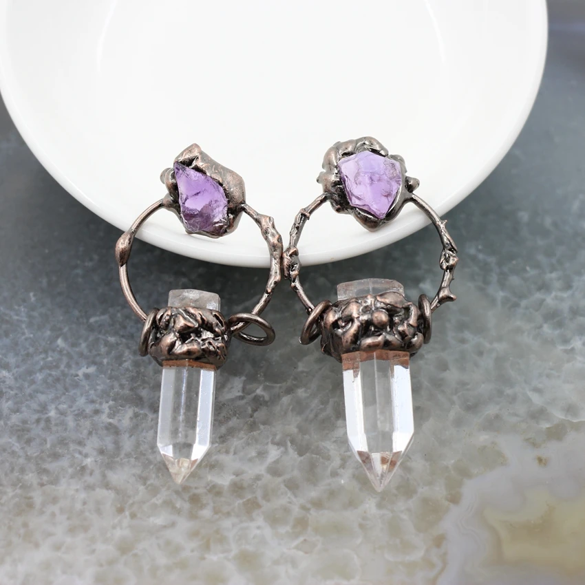 

Polished White Quartz Stick Point Pendant Hoop Top Inlay Amethysts,Healing Crystal Vintage Necklace DIY Jewelry Accessories