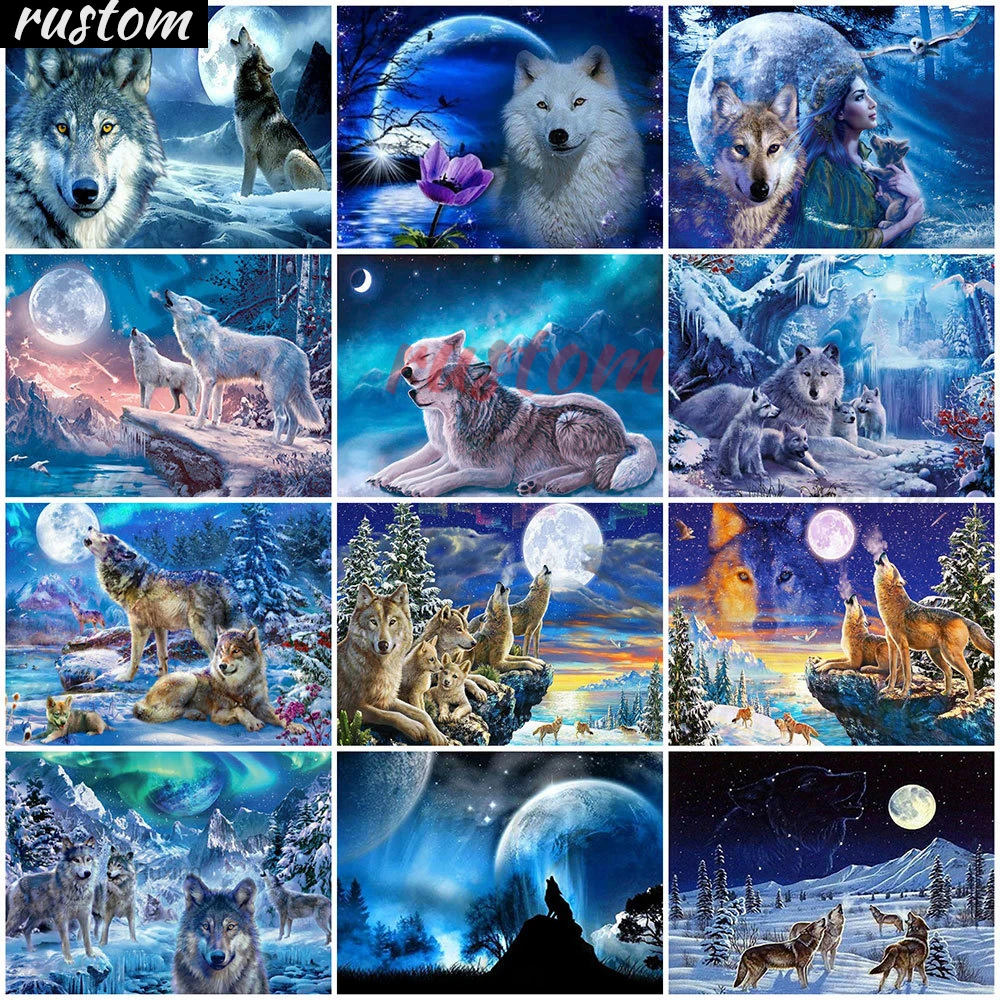 

Needlework Handmade Gift Rustom 5D Diamond Painting Wolf Craft Kit Full Drill Rhinestone Diamond Embroidery Animal Mosaic Moon