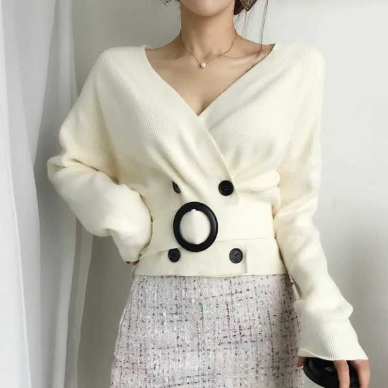 Зимние теплые женские свитера модные короткие с поясом на талии вязаный кардиган