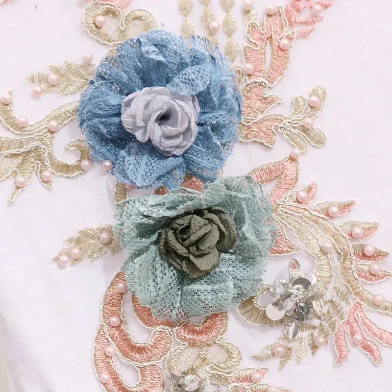 

Summer Short Sleeve Two Piece Set Women Heavy Work Embroidery 3D Flower Tshirts + Pearl Jeans 2 Piece Set Casual Long Pants Suit