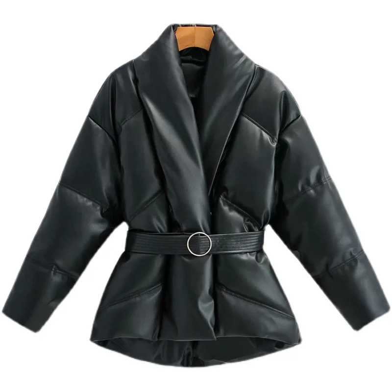 2022 New Fashion Women Winter Vintage Black Thick Warm Faux Leather Parkas Female Elegant PU Zipper Belt Padded Jacket Overcoats