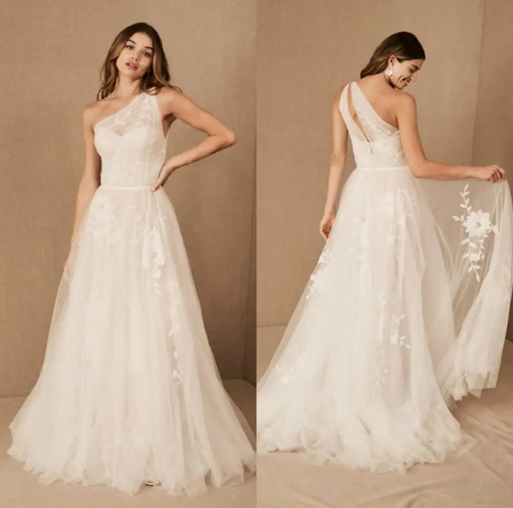 

Свадебные платья с одним плечом в стиле бохо, недорогое ТРАПЕЦИЕВИДНОЕ кружевное свадебное платье с аппликацией, свадебное пляжное платье ...