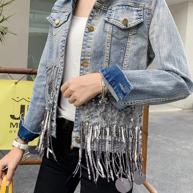 

Vogue Women's Fad Spring Autumn Tassled Sequined Short Denim Jacket Women All-match Long-sleeved Casual Top Chaqueta Mujer