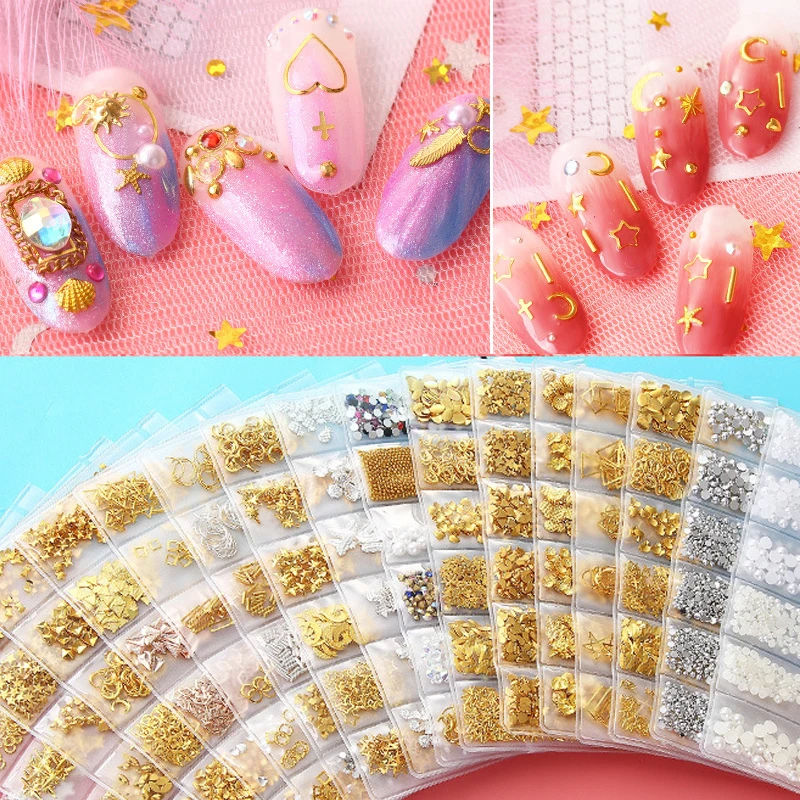 

RIKONKA 1Bag/6Grids Metal Mixed Shape Nail Rivets Hot Sale New Arrival Nail Decorations Moon/Stars/Heart/Triangle/Frame Nail Art