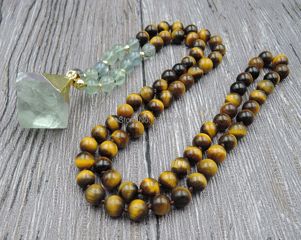 

Green Fuorite Point Rhombus Pendants Necklaces 8mm Tiger Eye Round Beads Knot Handmade 30inch And 40inch