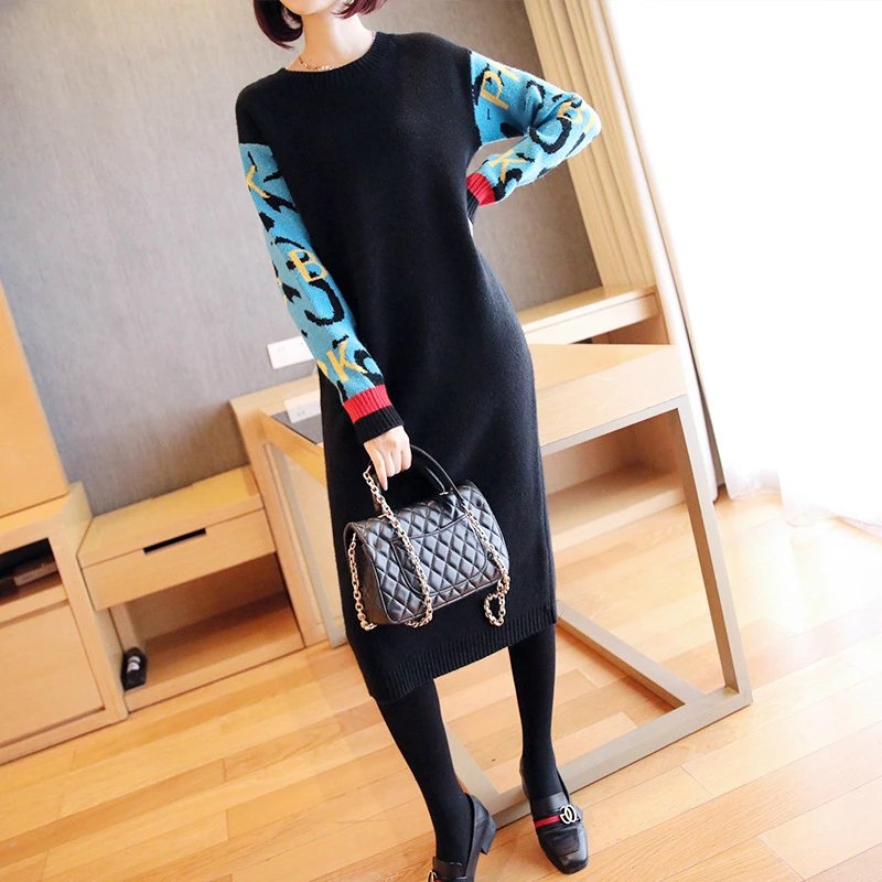 

Thick Warm High Quality Knitted Spring Dress 2020 Contrast Print Letter Midi Harajuku Dress Ladies Knit Sweater Dress Black Robe