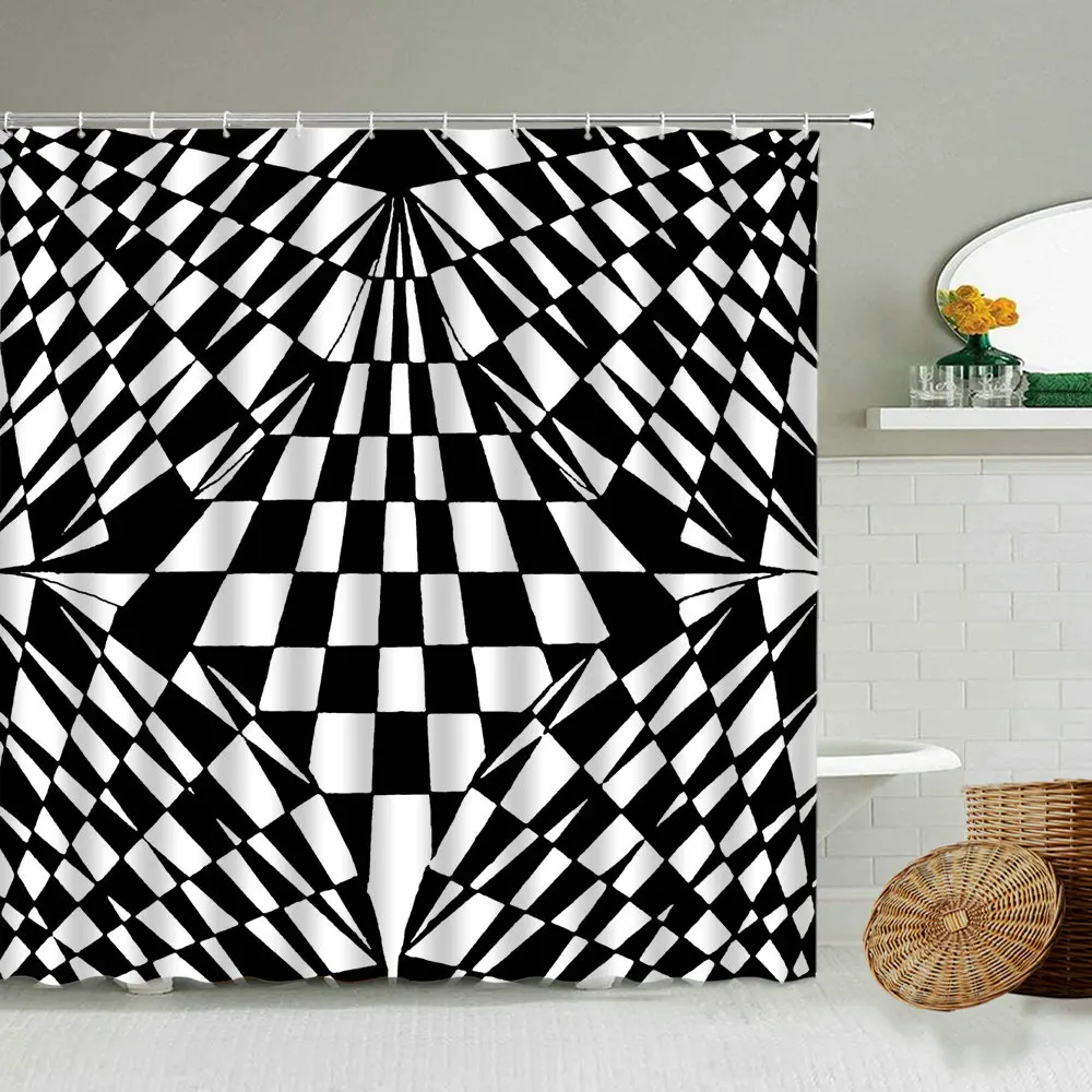

Занавеска для душа в черно-белую клетку с волнистыми полосками