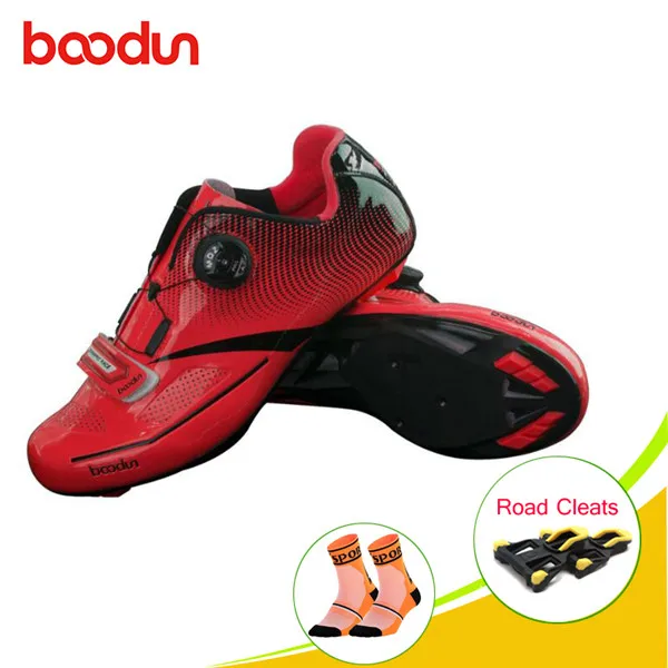 red with cleats Boodun самозакрывающаяся обувь для шоссейного велоспорта Мужская обувь для шоссейного велосипеда дышащая Ультралегкая спортивная обувь zapatillas Кроссовки Ciclismo - Цвет: red with cleats