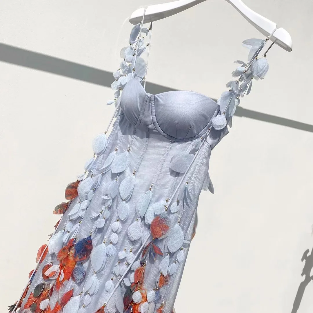 

2021 New 3D Petal Beaded Fishbone Bra Women Sexy Backless Slim Fit Hip Fishtail Suspender Long Dress