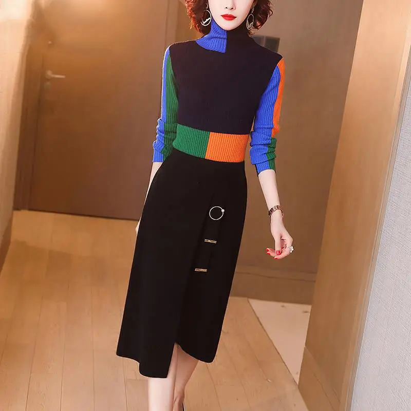 

Sweater Suit Skirt Female 2021 Autumn Winter New High Neck Contrast Color Knitting Fashion Elegant Western Style Two-piece Trend