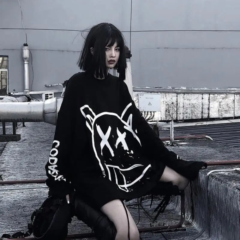 

Gothic Hip-Hop Style Graffiti Print Hoodies Women Street Loose Pullover Korean Fashion Long Sleeve Sweatshirt Schoolgirl Tops