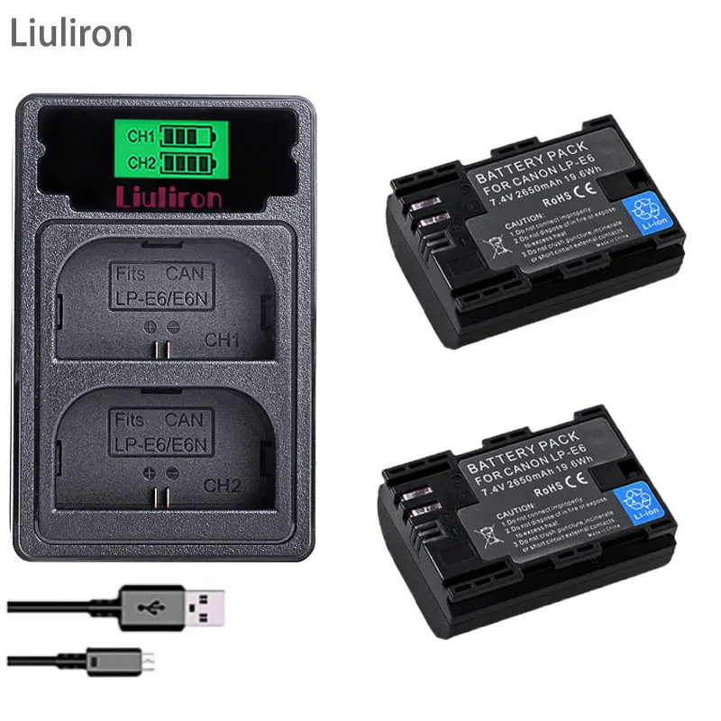 charger and 2battery 4 шт. 2650 мА/ч, LP-E6 LP E6 lpe6 Батарея+ светодиодный Dual USB Зарядное устройство для цифровой однообъективной зеркальной камеры Canon EOS 5D 5D2 5DS R Mark II 2 III 6D 60D 60Da 7D 7D2 70D 80D - Цвет: charger and 2battery