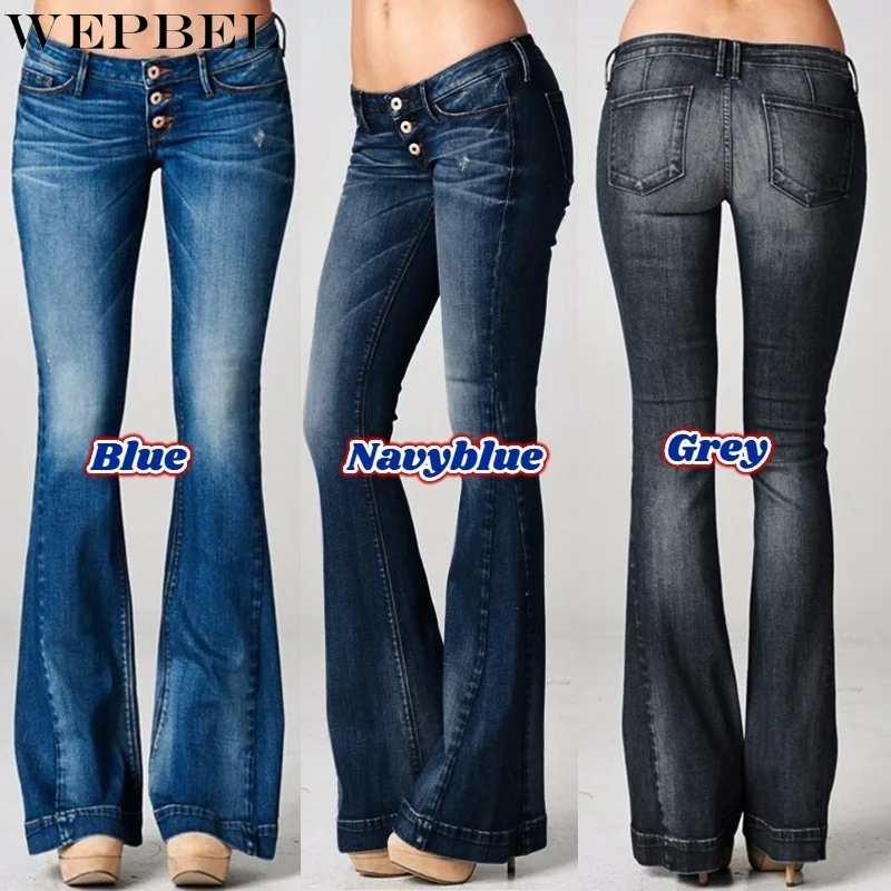 

WEPBEL Spring and Autumn Solid Color Washed Vintage Jeans Women's Casual Low Waist Button Fly Denim Flare Pants