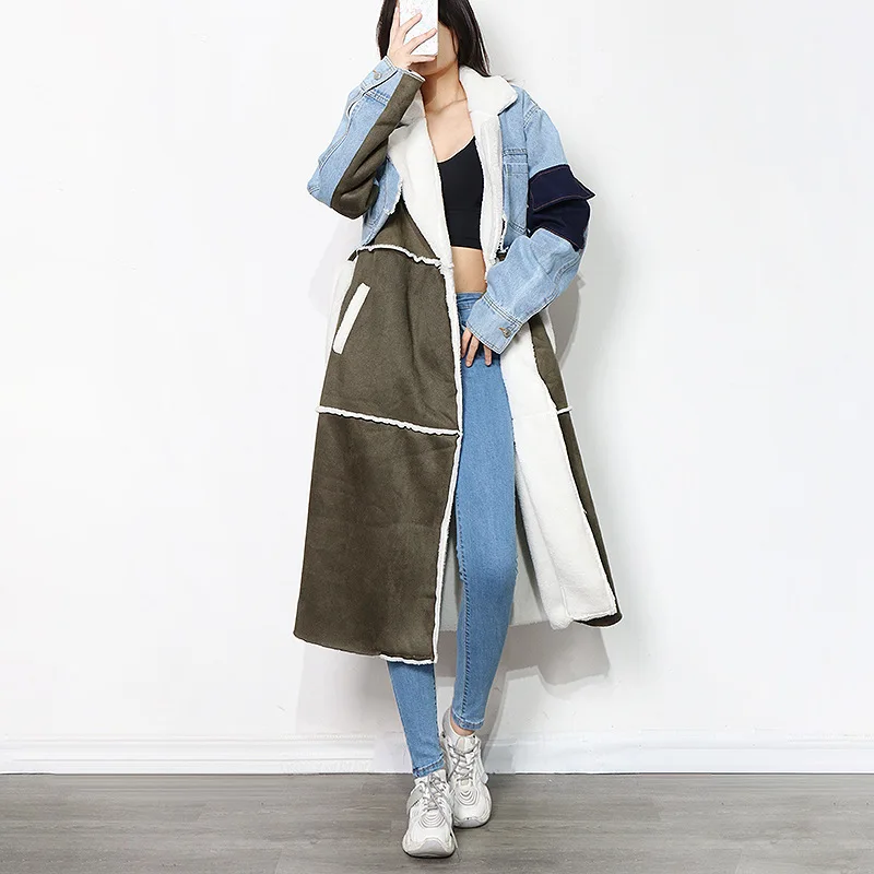 New Women Patchowrk Lambs Thickened Long Coat Woolen Denim Jacket Windbreaker Warm Coat Female Streetwear Outfits
