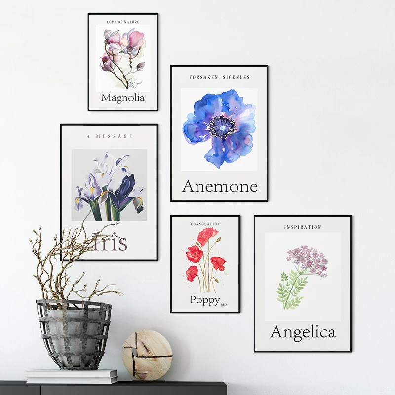 

Watercolor Flowers on Canvas Painting Poppy Anemone Wall Art Picture Floral Botanical Poster Print for Living Room Home Decor