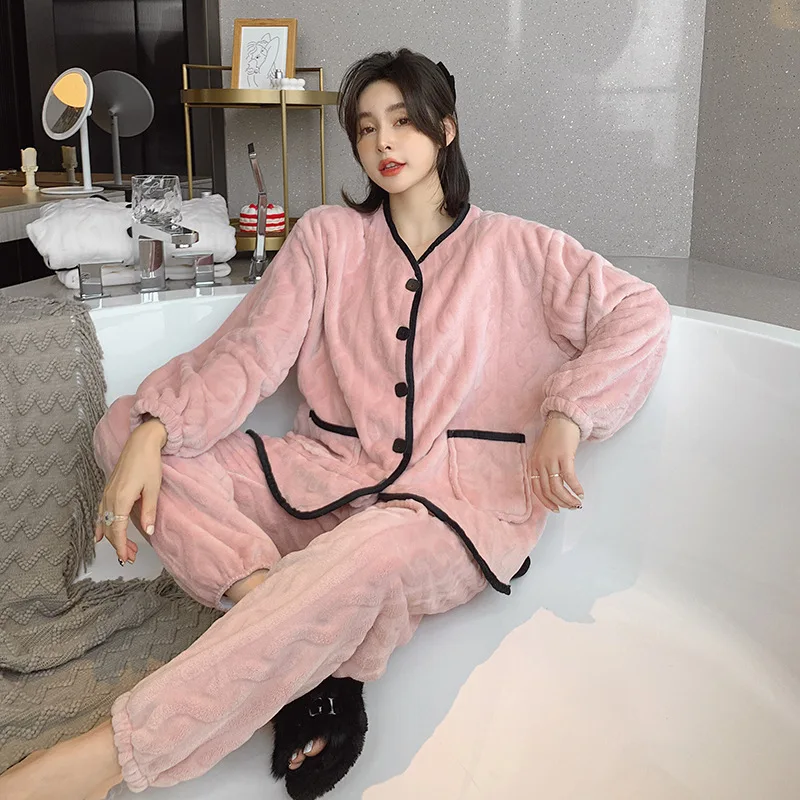 Pajamas for Women Winter Coral Velvet Warm Cardigan Velvet Thickening Plus Velvet Home Service Suit Pajamas Set Homewear пижама