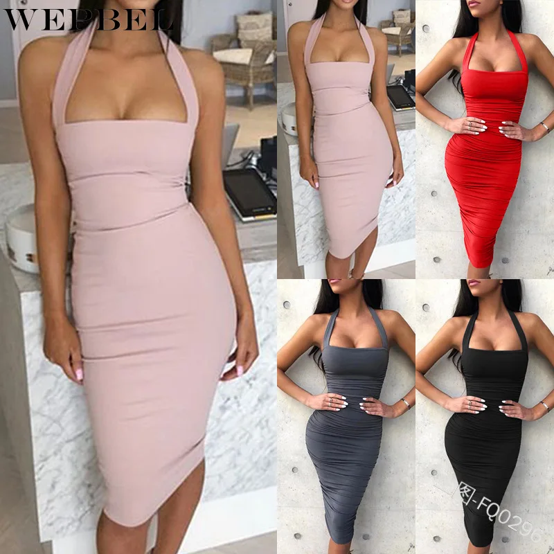 

WEPBEL Summer Sexy Solid Color Slim Dress Women's Elegant Halter Spaghetti Strap Square Collar High Waist Dress