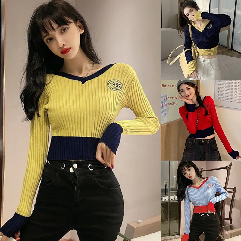 

Women's V Neck Color Contrast Casual Navel Exposed Knit Pullover T-shirt Tops
