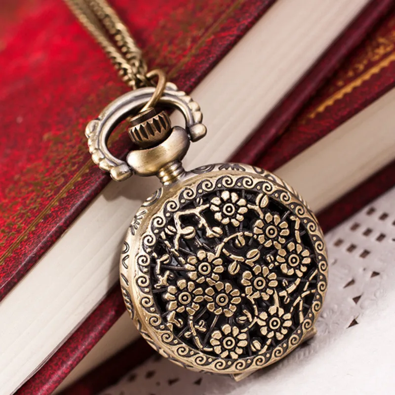 

Fashion Vintage Retro Bronze Quartz Pocket Watch Pendant Chain Necklace Waterproof Delicate Pattern Stainless Steel Case Clock