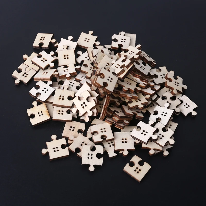 

2021 New 90 Pcs/Pack Unfinished Wooden Jigsaw Buttons with Holes Freeform Blank Puzzles Pieces for Crafting Sewing Scrapbooking