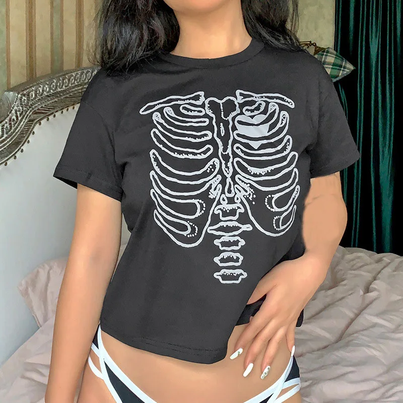 

Chic Special Chest Bones Pattern Printed Women T-shirts Streetwear Summer Short Sleeve Slim Cropped Tees Tops