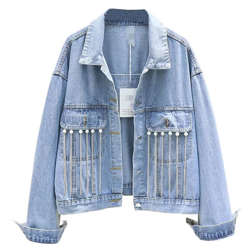 Женское джинсовое пальто свободное короткое в ковбойском стиле с бусинами и