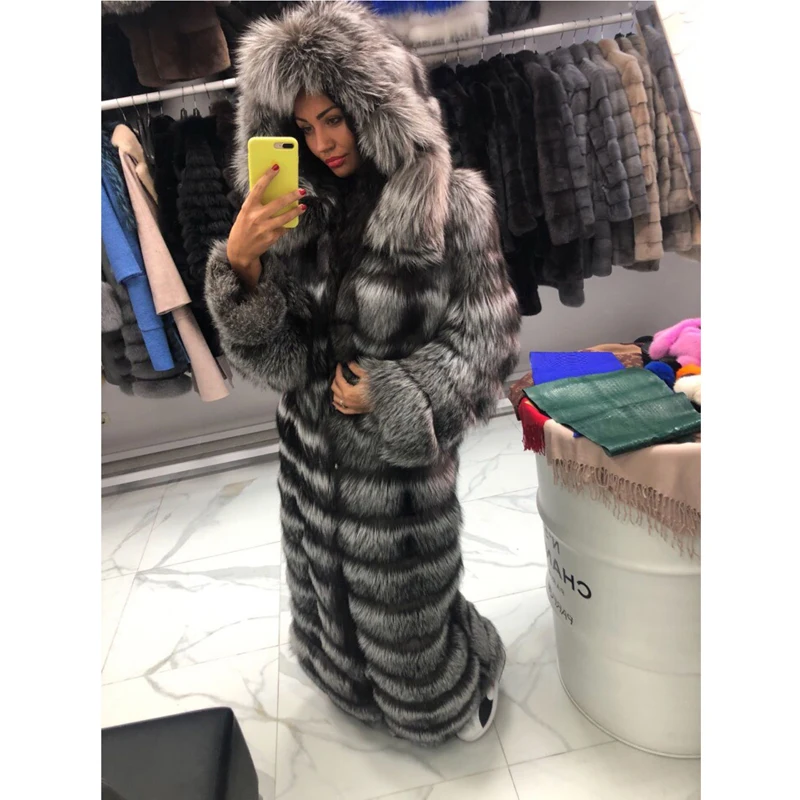 130cm Long Real Silver Fox Fur Coat With Hood Thick Warm Natural Fur Coats Women Outwear Luxury 2022 Trendy Female Fur Overcoats