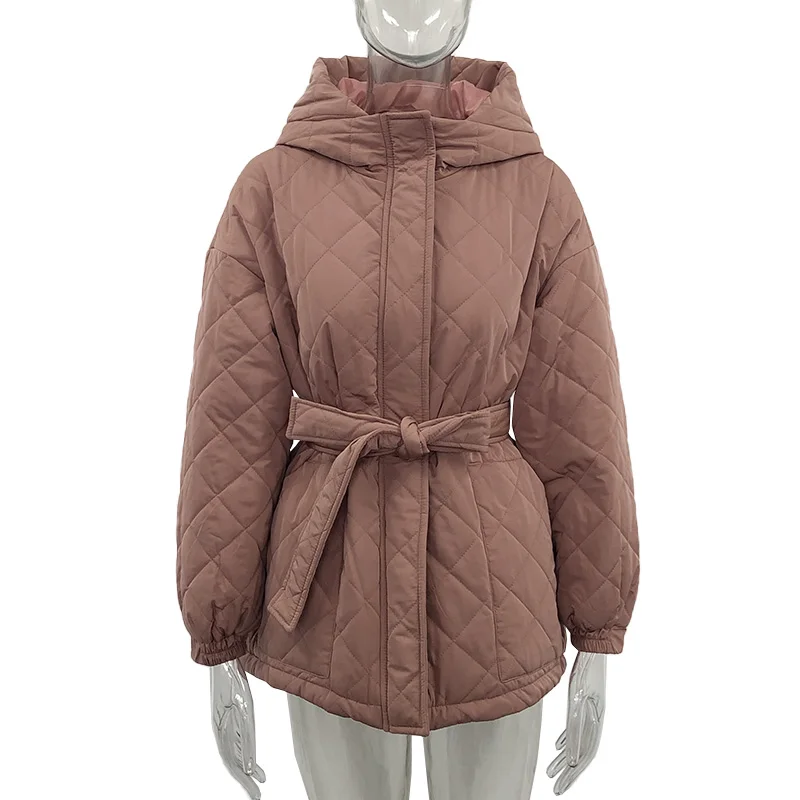 

Fandy Lokar Loose Casual Hooded Parkas Women Fashion Thick Coats Women Elegant Tie Belt Arygle Cotton Jackets Female Ladies