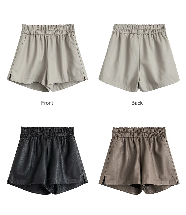 

Khaki PU Leather Shorts Women High Quality Wide Leg Faux Shorts Waist Shorts For Autumn Loose