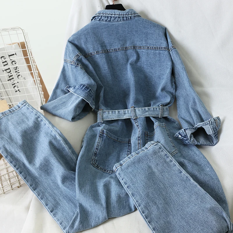 

Korean Women Overalls Denim Jumpsuit Students Loose High Waist Jeans Straight Pants Long Sleeve Cowboy Playsuit Rompers