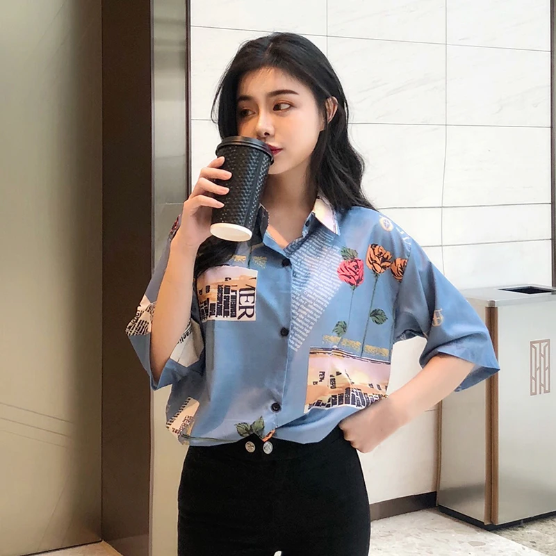 2019 женские топы на осень и весну корейский стиль короткий рукав принт с розами