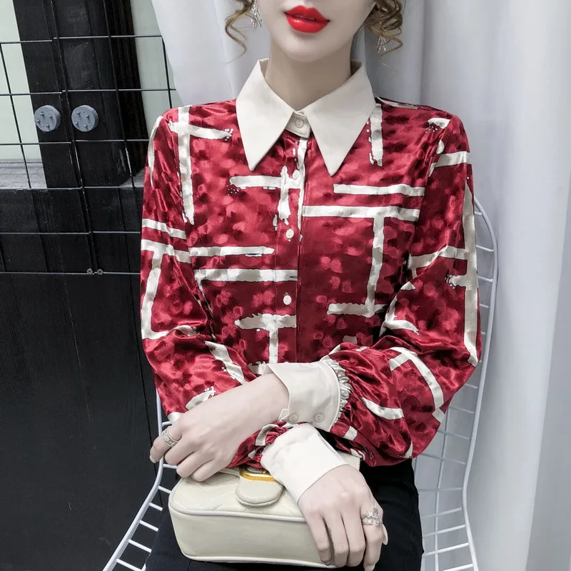 

Summer New Women's Blouses Polo Collar Shirt Long Sleeve Tops Printed Blouse Girl Chiffon Casual Fashion Lady Loose
