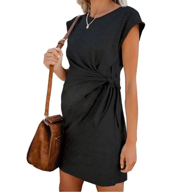 

New Popular Pure Color Tie-in Waist Pregnant Women's Dress Soft And Comfortable Cotton Spot Vestidos Gestante Pregnancy Dress