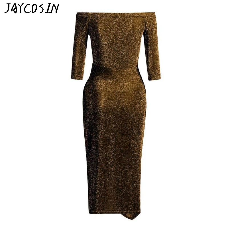 Женское модное Сверкающее тонкое платье с открытыми плечами и высоким разрезом
