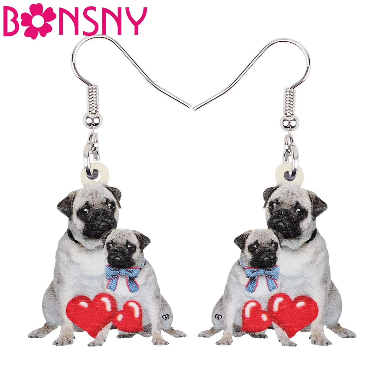 

BONSNY Mother's Day Acrylic White Heart Pug Dogs Earrings Big Drop Dangle Fashion Pets Gifts Jewelry For Women Girls Gifts