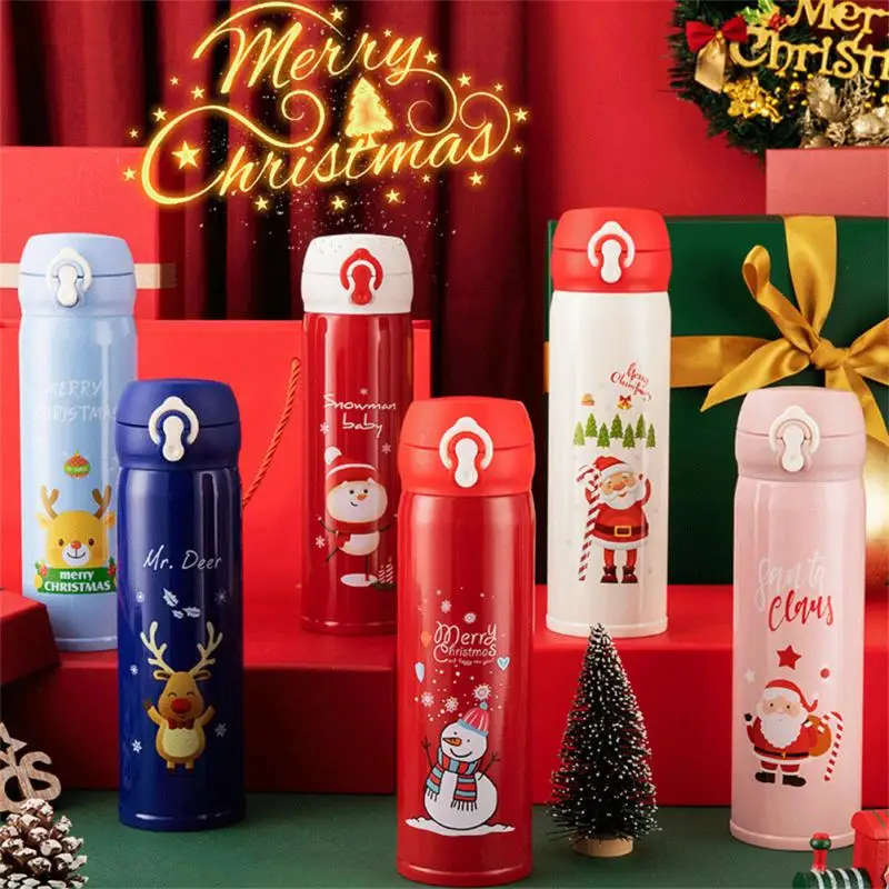 

500ml Christmas Thermos Small Fresh Stainless Steel Vacuum Water Bottle With Lid Lovely Christmas Straight Art Student Water Cup