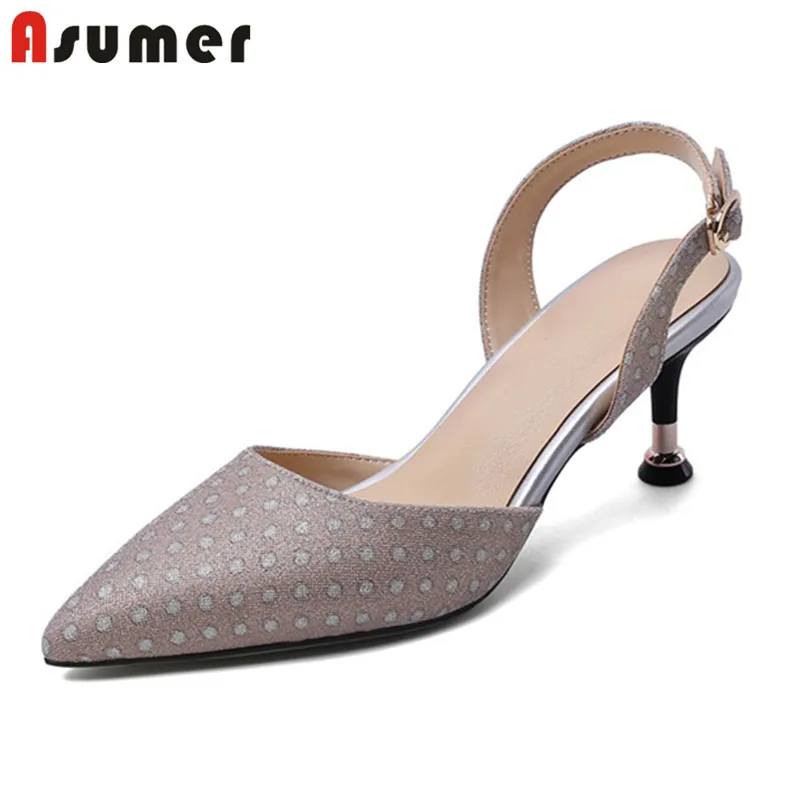 Женские босоножки в горошек ASUMER с пряжкой и острым носком на тонком каблуке