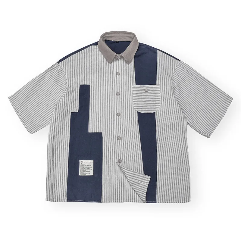 

Men Clothing 2021 Summer Men's Short-sleeved Shirt Men's Japanese Trend Color Contrast Stitching Retro Shirt Camisas Para Hombre