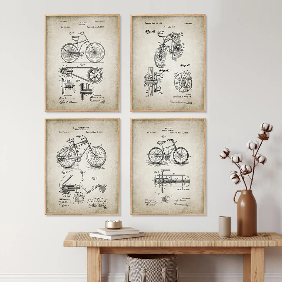 

Vintage Bicycle Patent Posters Canvas Painting Industrial Artwork Wall Print Picture for Living Room Interior Home Decoration
