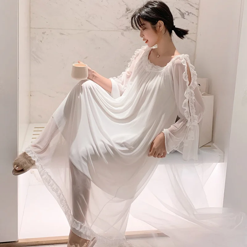 

O-Neck Mesh Nightshirts Women Nightdress Lounge Pajamas Robe Gown Lady Nightgown Pyjama Lingerie Summer Dress Sleepwear