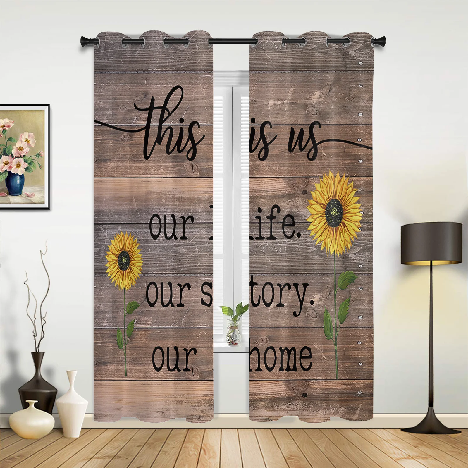 Гостиная занавески деревенские подсолнечника обои древесины Современный