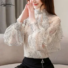 2021 Fashion Womens Tops and Blouses See Through Lace Shirts Women Wild Ruffled Chiffon Womens Blouse Vintage Top Female 2551